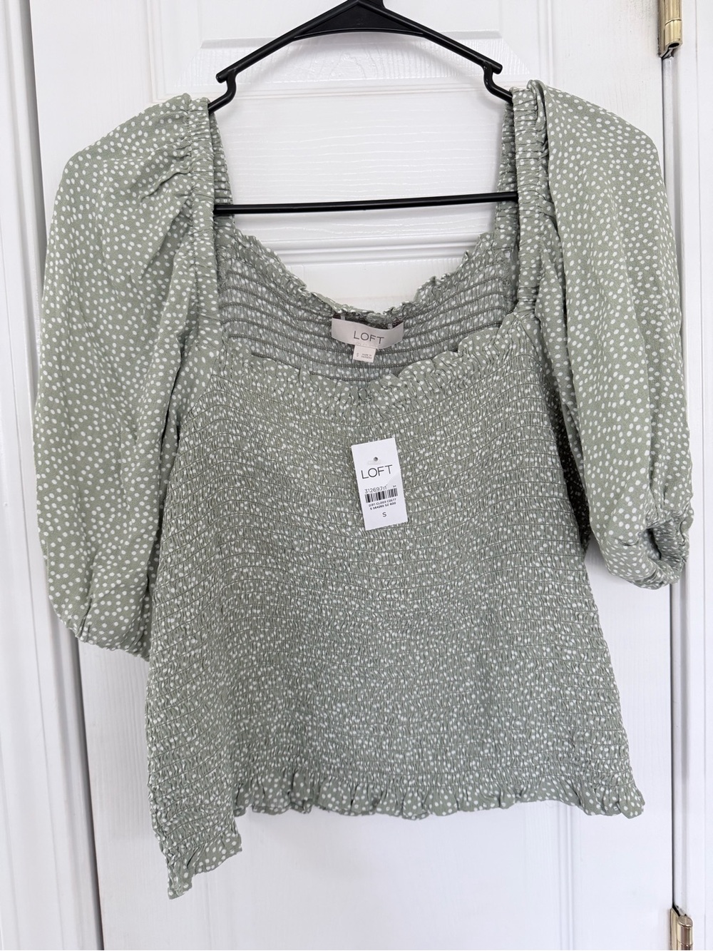LOFT Sage Green Smocked Peasant Top with Puff Sleeves